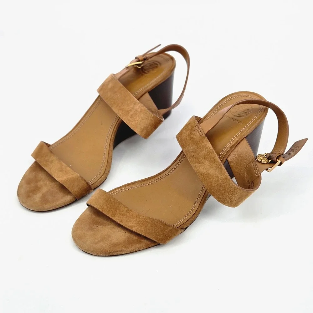 Tory Burch Mini Benton 65mm Wedge Sandal Kid Suede Amaretto Brown Women Size 10M